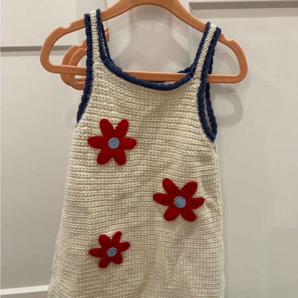 Zara Cream Crochet Tank Dress with Navy Trim and Pink Floral Detail